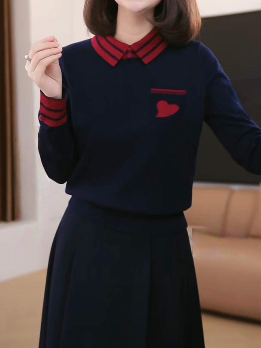 假两件条纹翻领针织衫女秋冬新款套头毛衣打底衫宽松显瘦洋气上衣