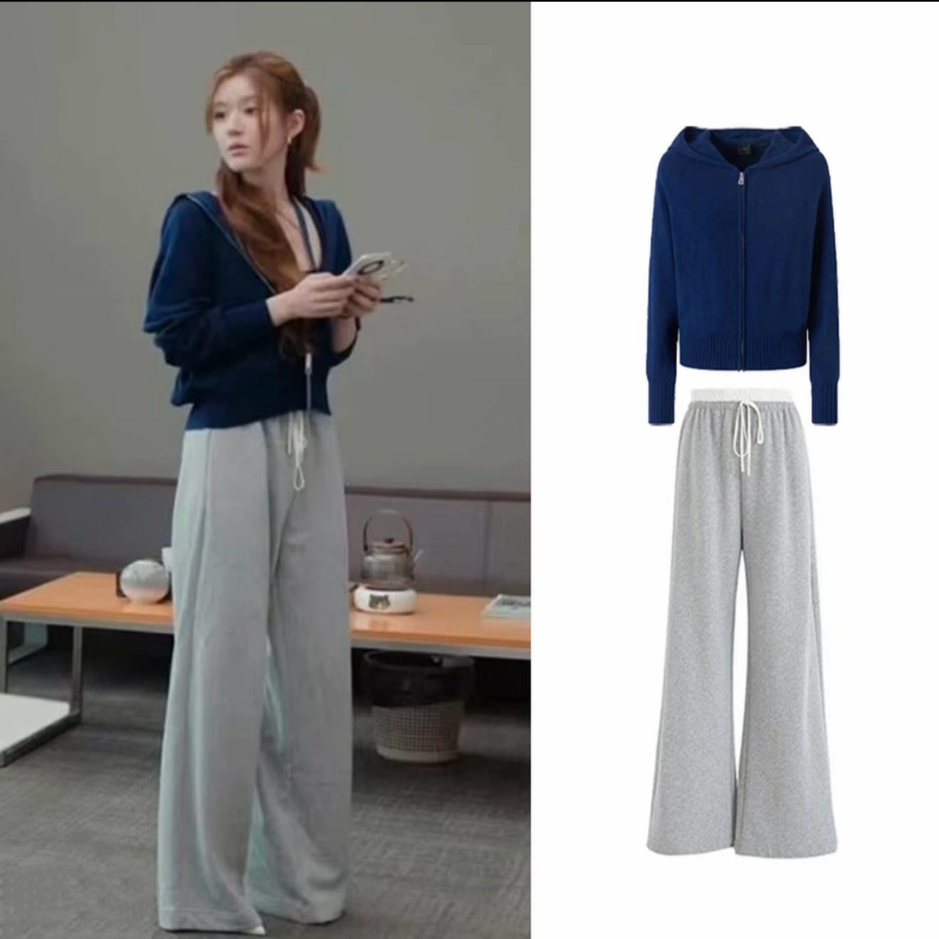 【许我耀眼】露思同款慵懒风连帽拉链针织外套+拼色阔腿裤Q 9631#