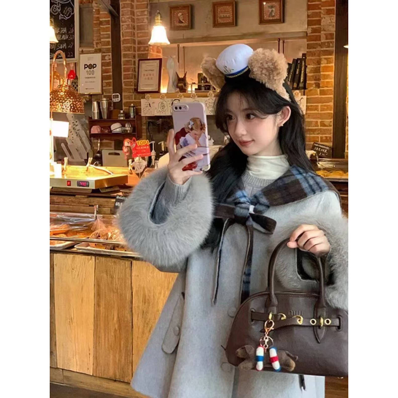 厚款秋冬保暖直下摆格子女毛呢外套海军领少女风毛呢外套