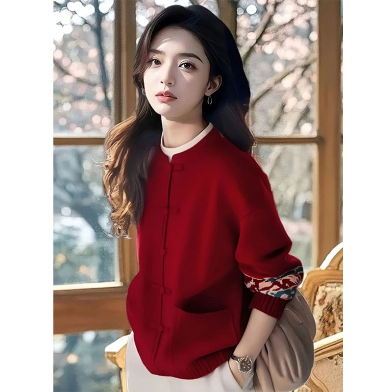 新中式国风红色本命年针织衫女春秋季2025新款新年战袍慵懒风毛衣