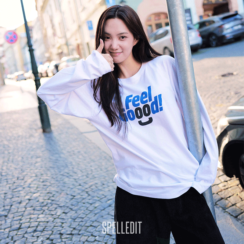 SPELLEDIT2025冬季新品微笑长袖T恤原创手绘字母印花休闲棉上衣女