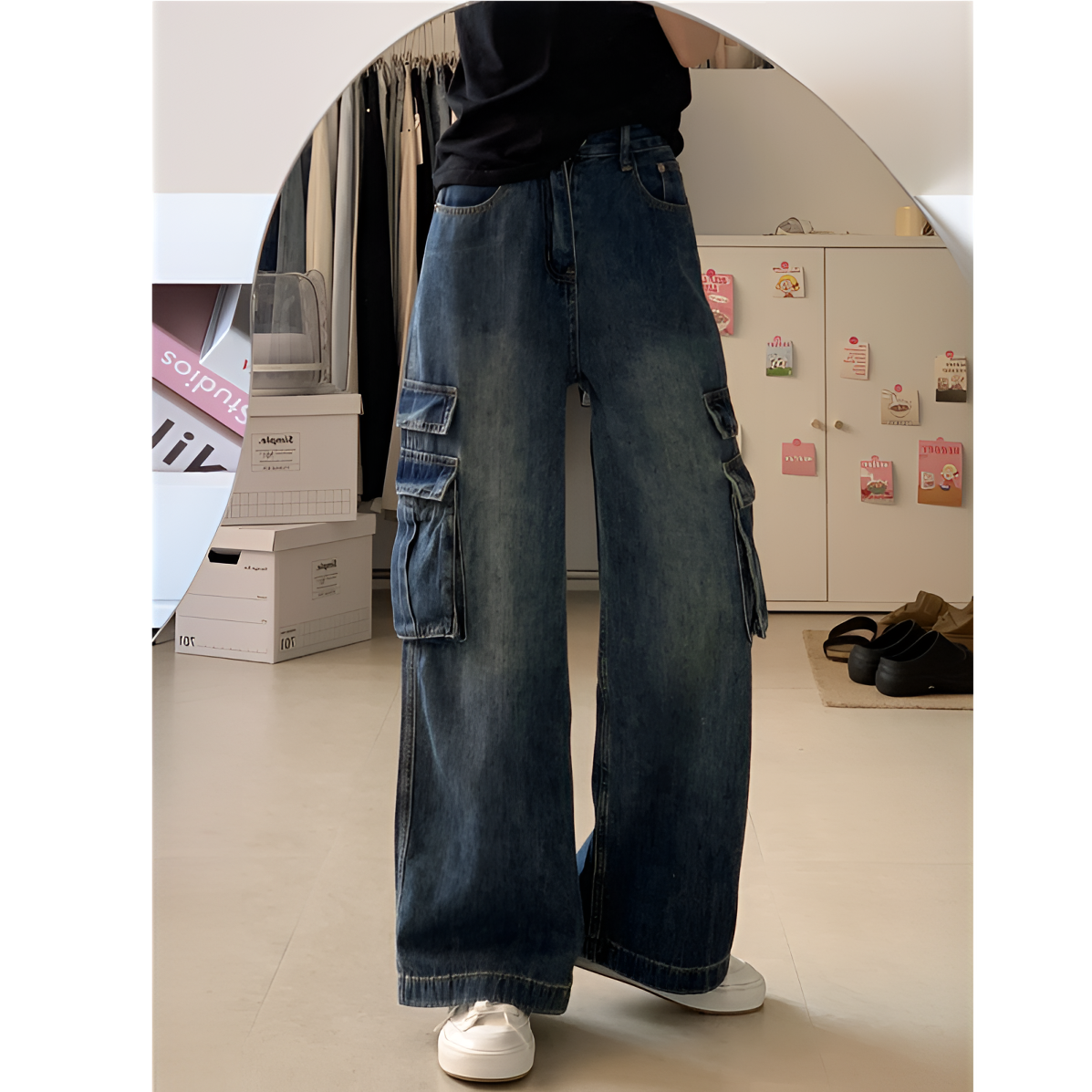 流光风小个子复古水洗工装裤阔腿牛仔裤女宽松高腰显瘦直筒裤长裤