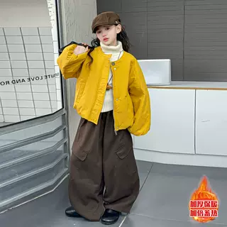 女童秋冬新款森系圆领加厚棉衣大童时髦保暖棉服工装加绒裤套装