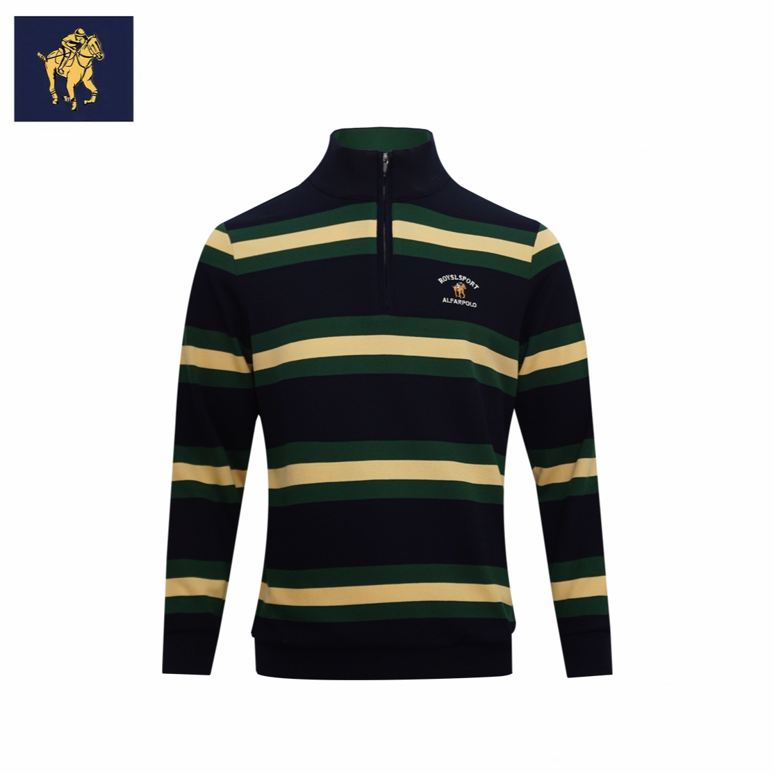 马标刺绣撞色时尚条纹POLO男商务休闲秋季长袖套头拉链立领卫衣