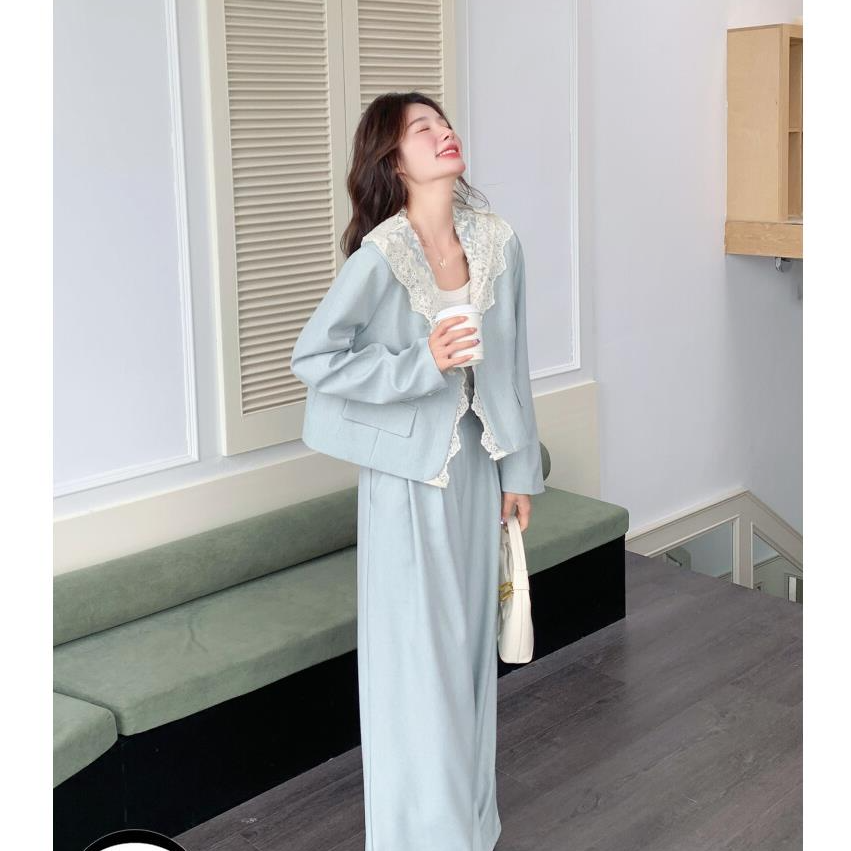 浅蓝色蕾丝拼接连帽西服套装女2025秋季韩系气质减龄阔腿裤两件套