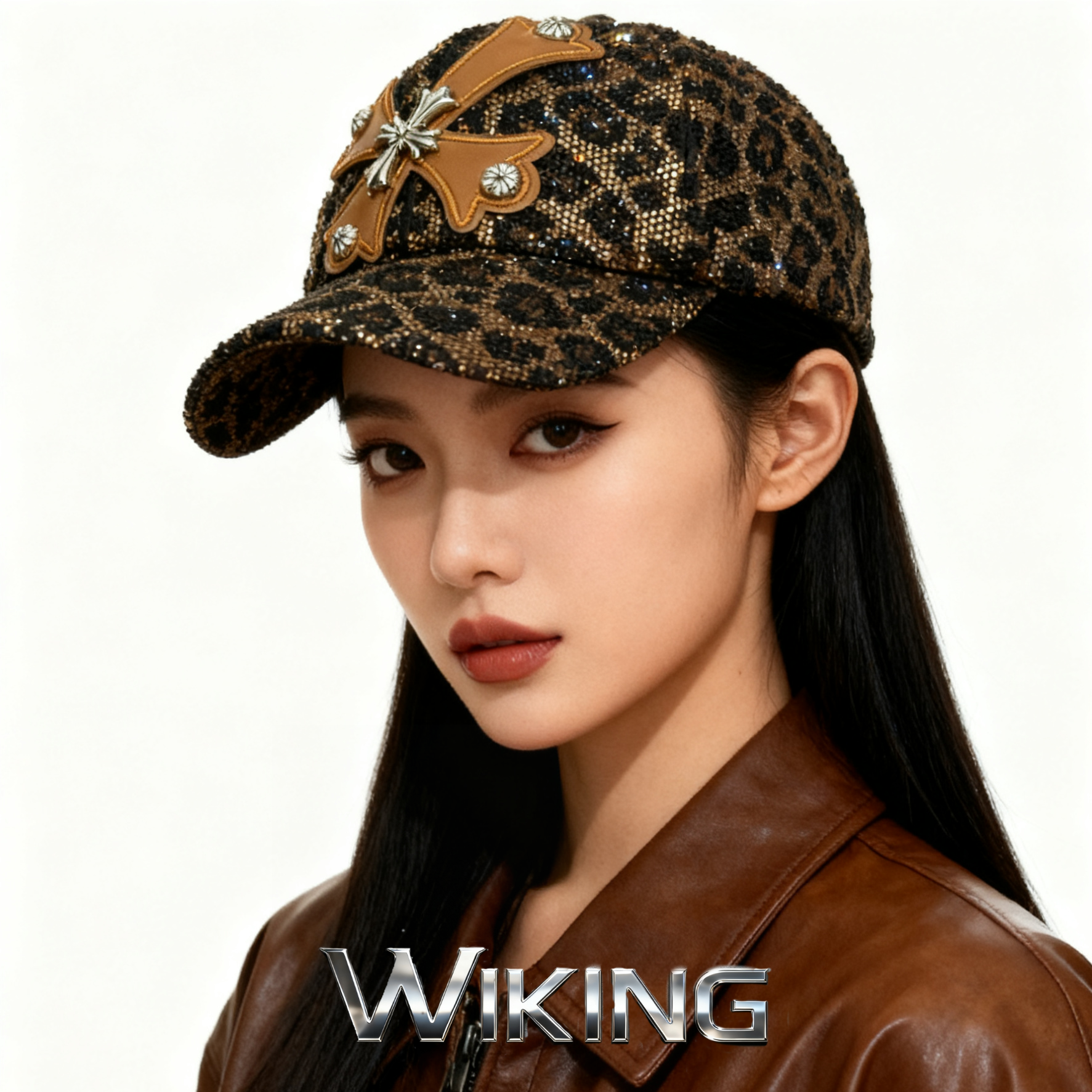 王大嘴原创 “豹纹棕皮”奢华满钻豹纹棕皮十字棒球帽M152