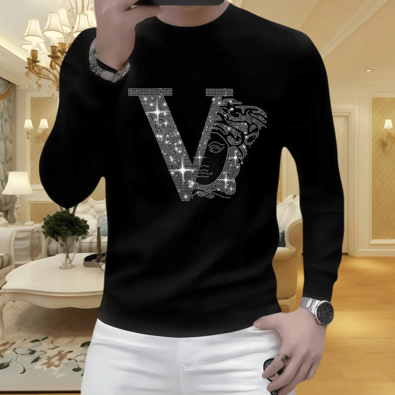休闲潮流修身烫钻上衣男士钻卫衣秋冬时尚百搭长袖圆领套头打底衫
