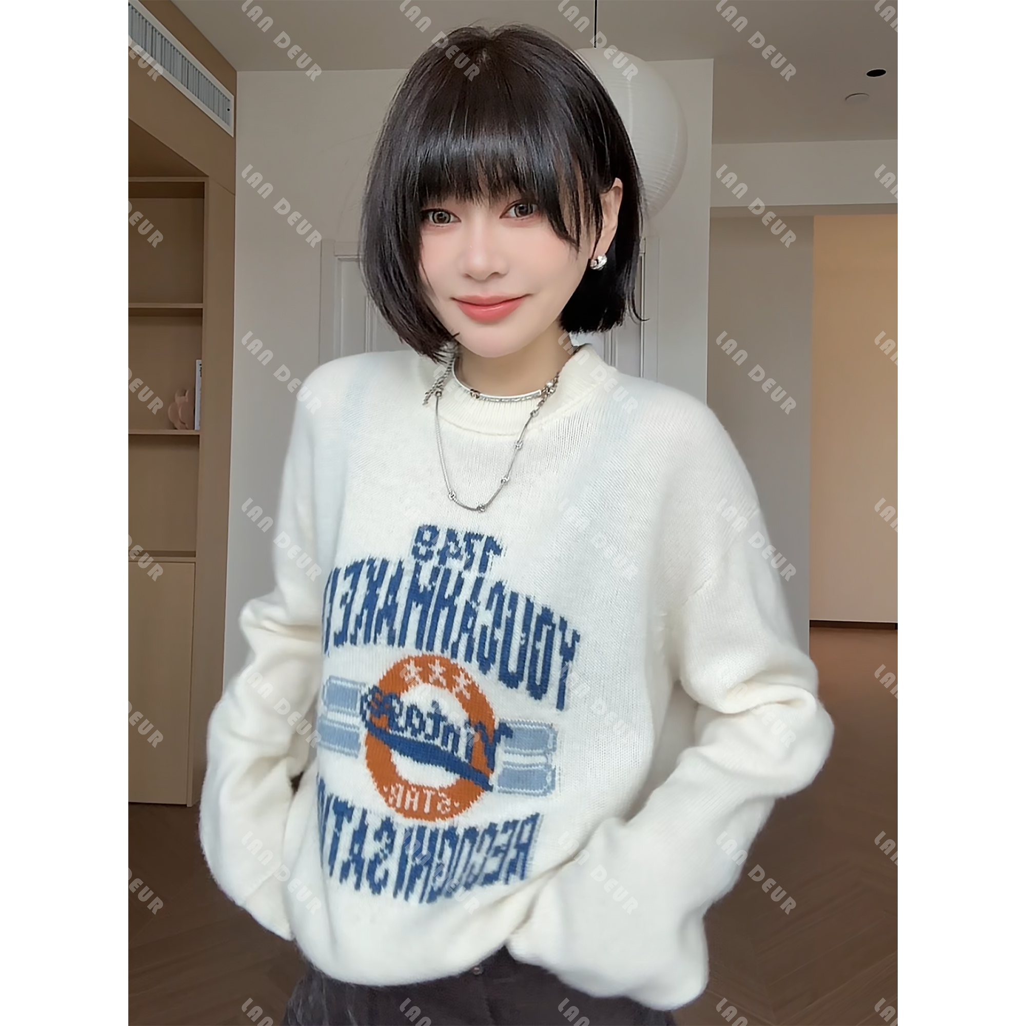 【桃桃有约】绵羊毛+山羊绒圆领字母针织衫时尚慵懒套头上衣