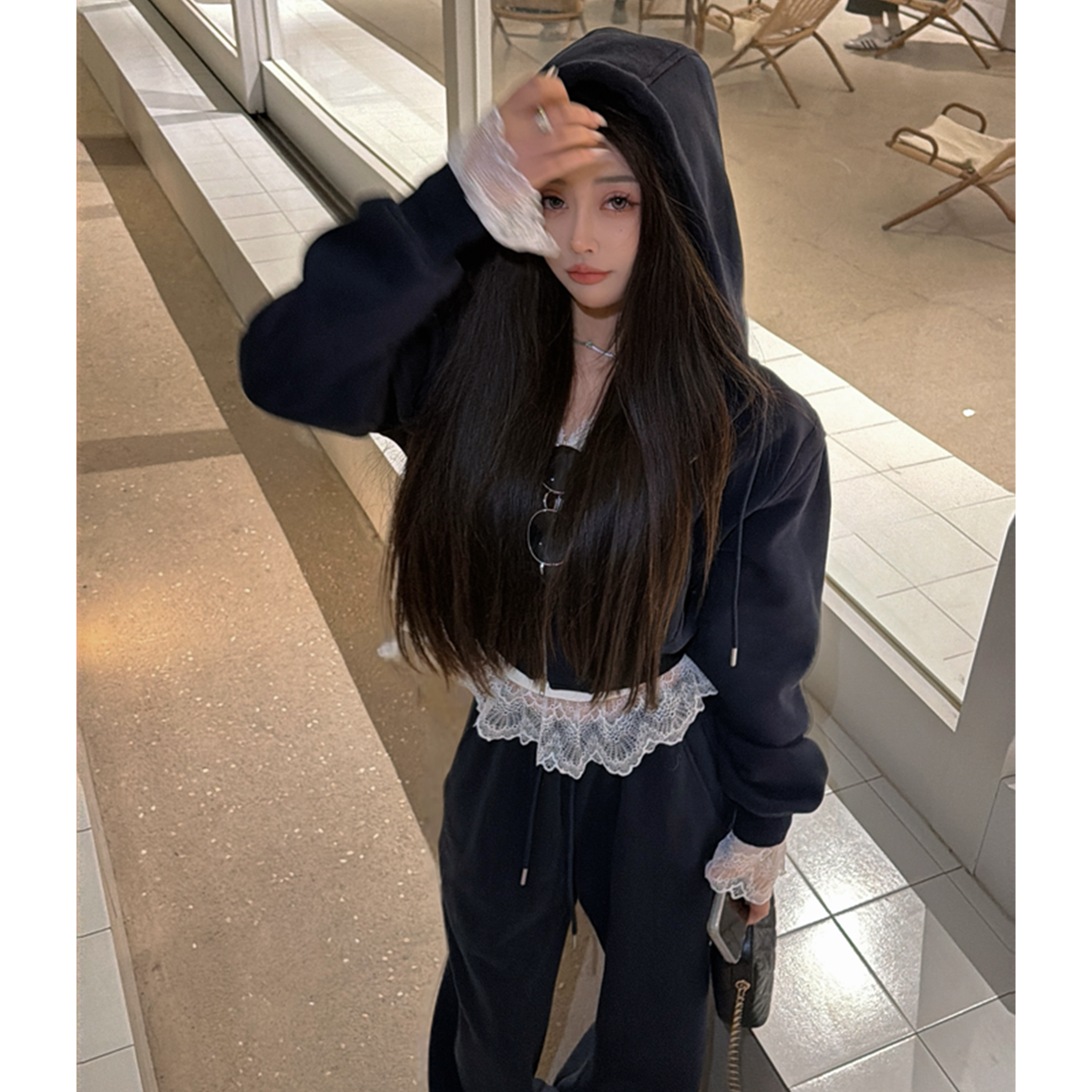 21DEGREES藏蓝色加绒连帽卫衣白色拼接蕾丝打底藏蓝抽绳加绒卫裤