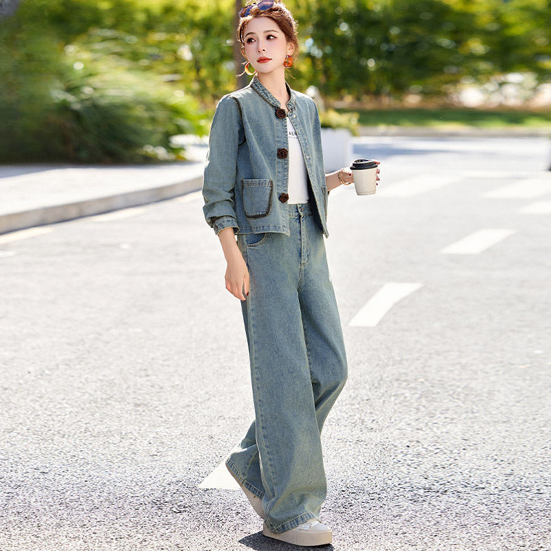 高端欧货牛仔套装女春秋2025年新款洋气时尚时髦气质阔腿裤两件套