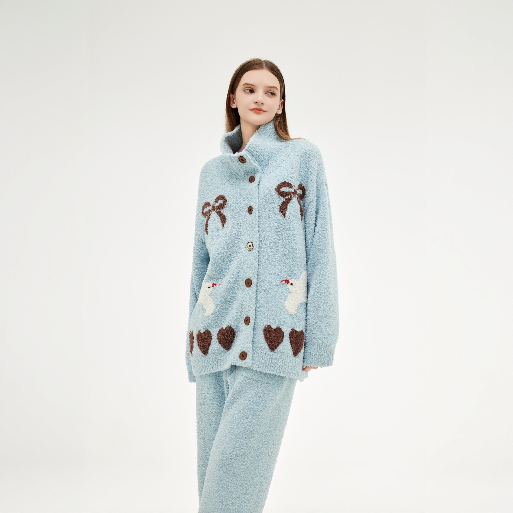 半边绒蓝色秋冬服装家居服睡衣套装秋冬加厚加绒翻领开衫宽松