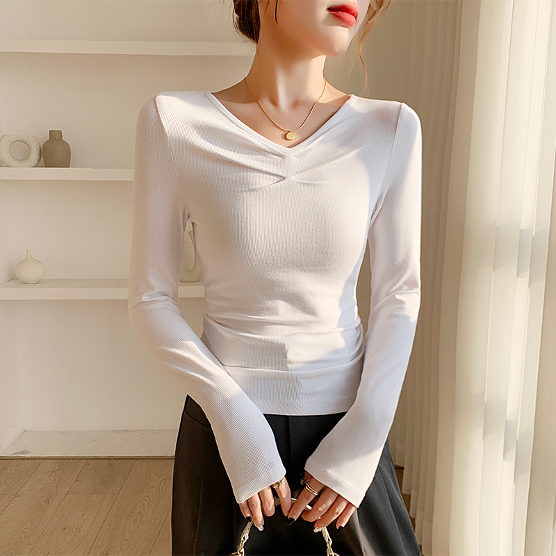 HI白色v领长袖打底衫女内搭春秋冬季2025修身正肩洋气上衣TL2445