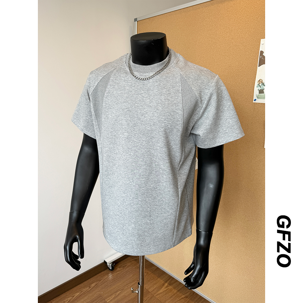 夏季空气棉正肩短袖男美式休闲复古小领口螺纹拼接T恤休闲体恤衫