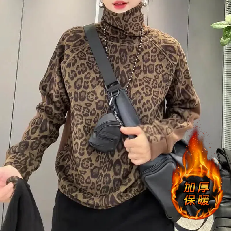 豹纹撞色双面穿保暖休闲洋气卫衣秋冬高领加绒加厚网红女士打底衫