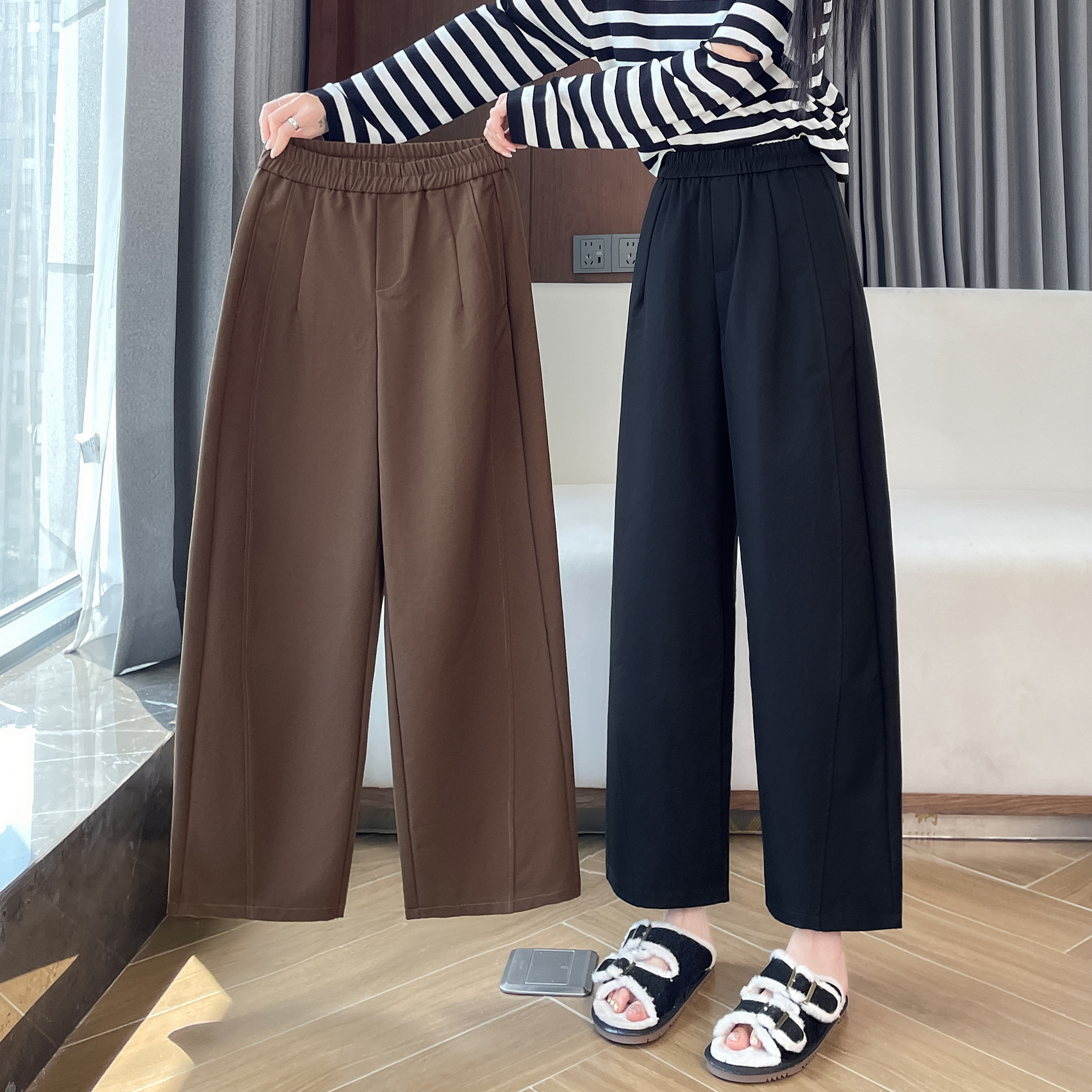 窄版阔腿裤女春秋2025新款直筒休闲弯刀高腰显瘦垂感小个子九分裤