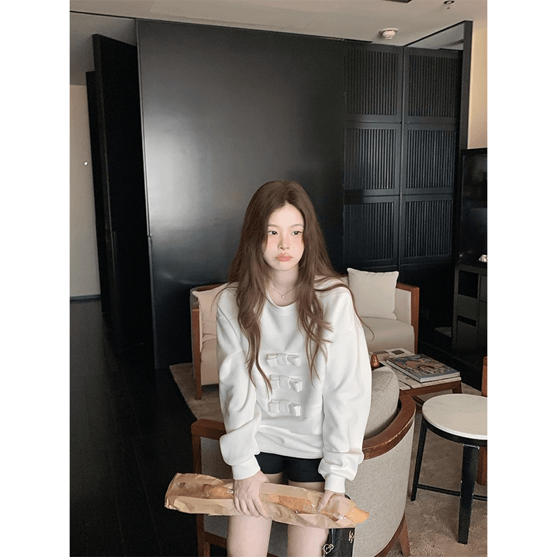 卫衣女韩系简约蝴蝶结圆领长袖早秋季慵懒风休闲白色显瘦套头上衣