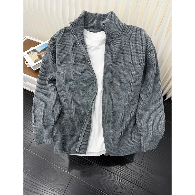 cleanfit灰色半高领开衫毛衣男款秋冬叠穿修身针织衫美式夹克外套