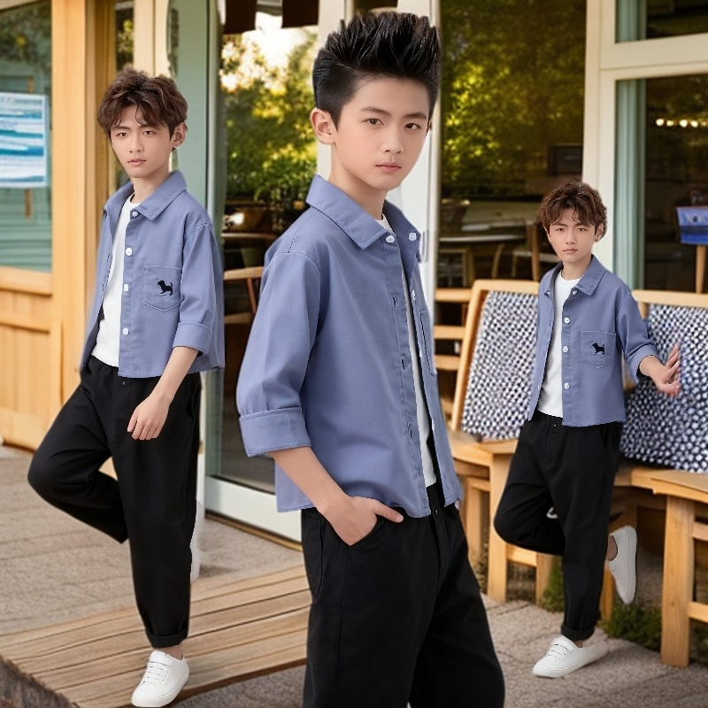 儿童长袖衬衫春季新款男童衬衣女童宝宝翻领外套纯棉童装秋款上衣