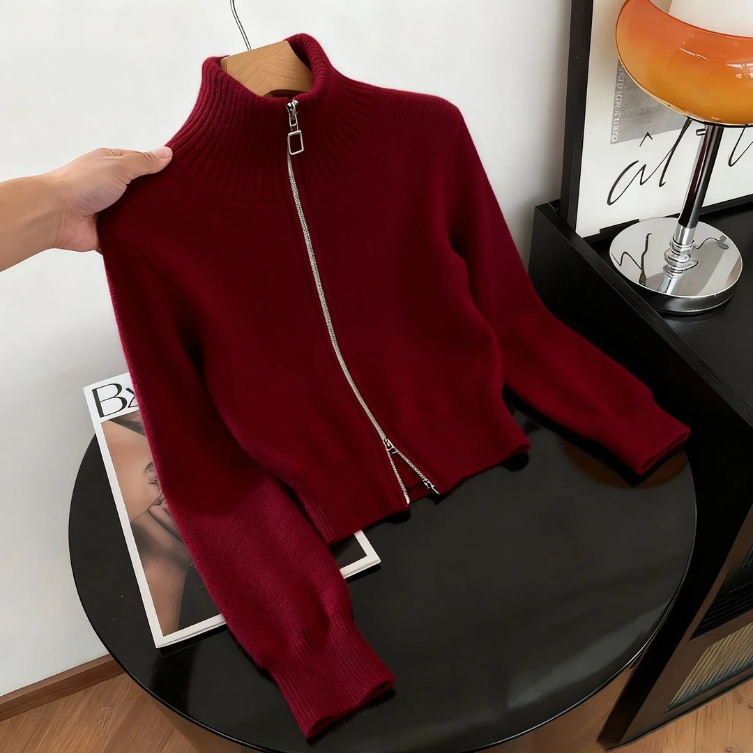 2025新款秋季穿搭立领长袖针织衫女款慵懒风时尚拉链开衫上衣外套
