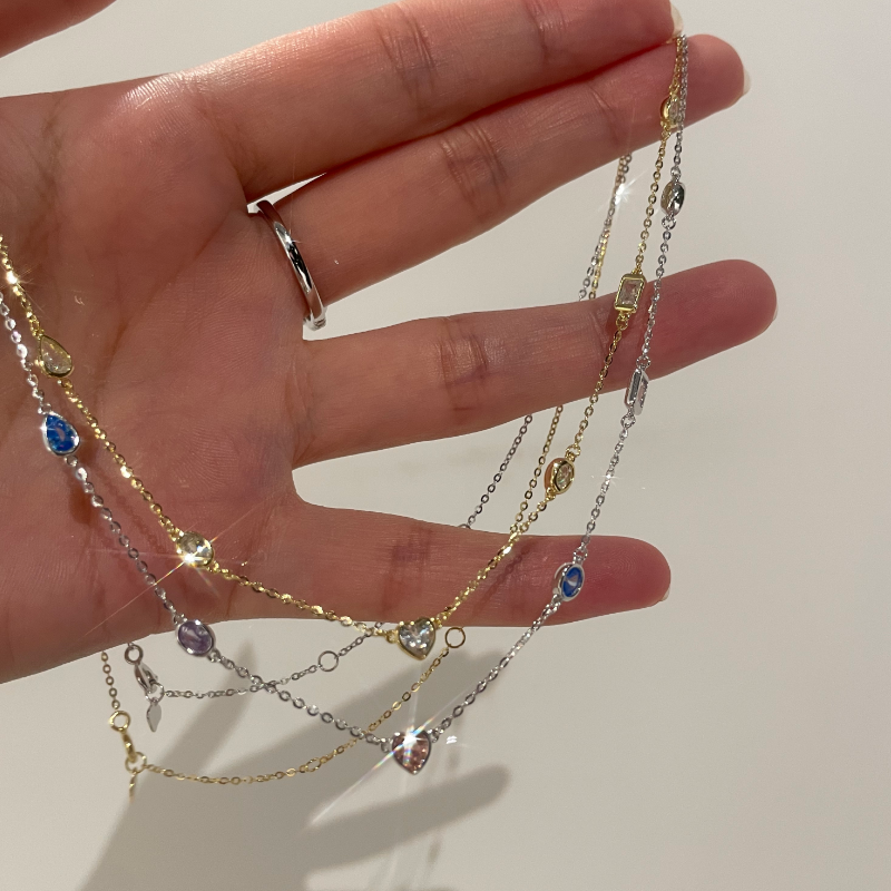 坠链均925银合成锆石 细闪异形钻爱心项链s925银镀金