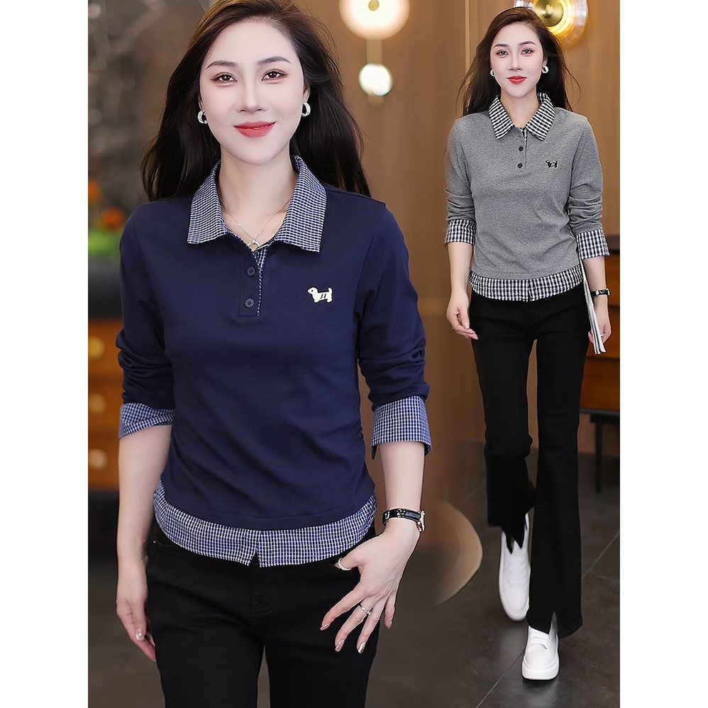 洋气假两件格子拼接长袖polo衫女2025春秋季新款显瘦休闲t恤上衣