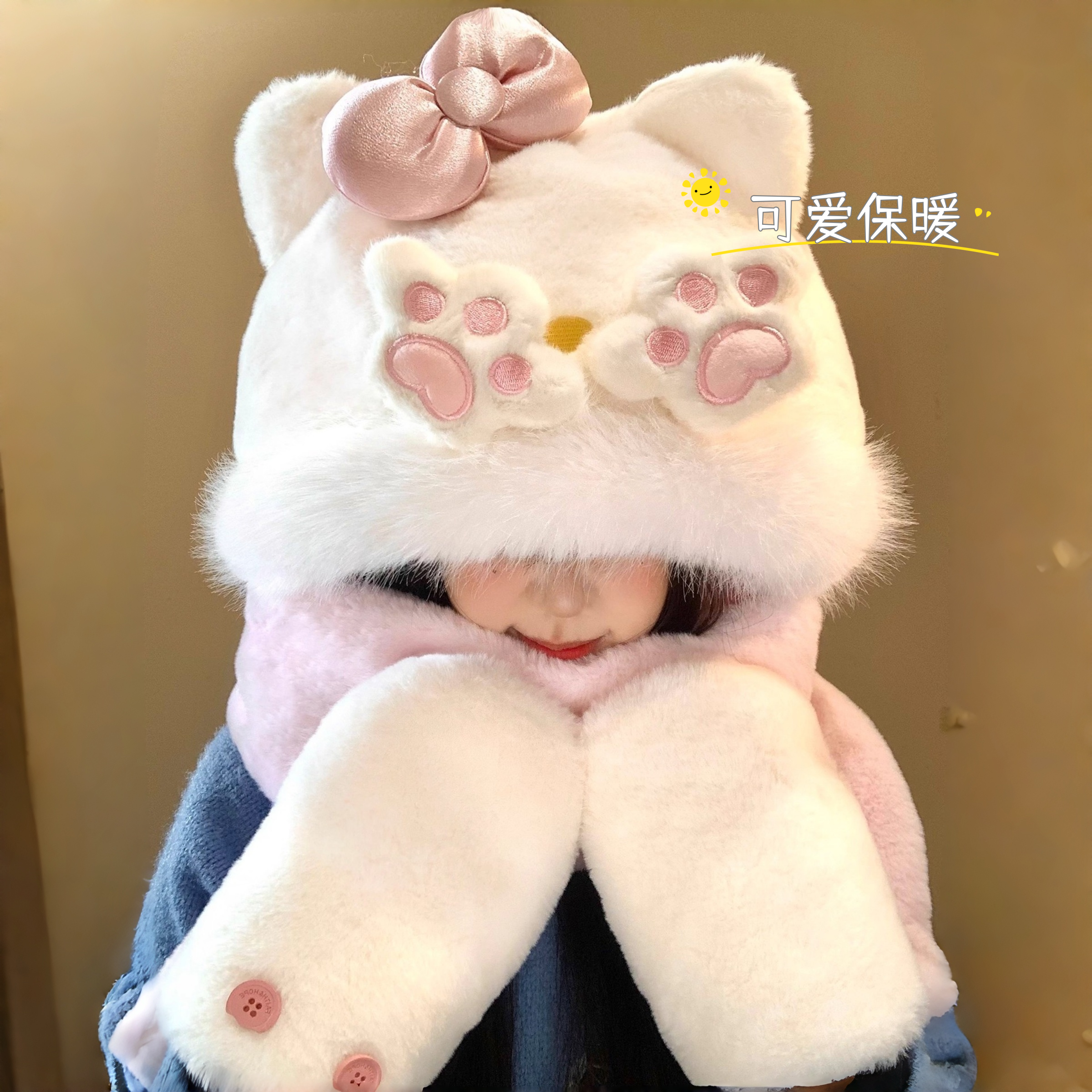 新款粉色可爱小猫爪蝴蝶结毛绒帽子围巾女冬季保暖防寒手套三件套