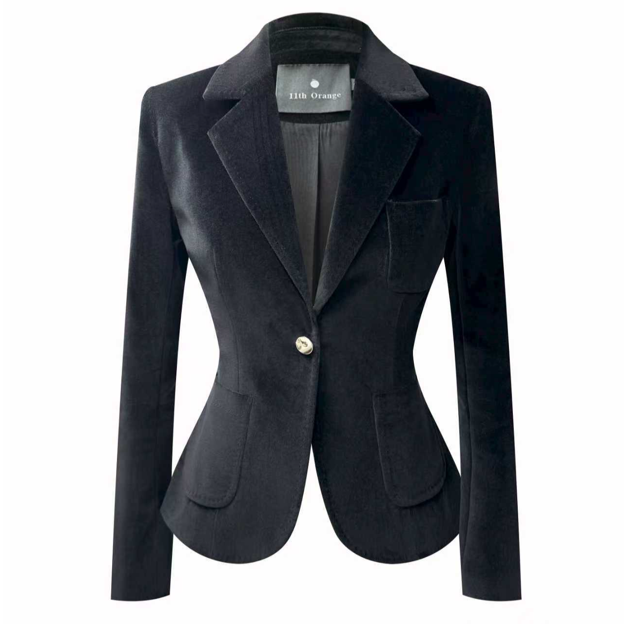 轻奢纯棉平绒天鹅绒秋冬西装外套气质修身职业长袖短款黑色商务