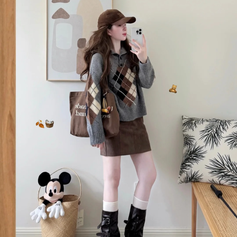 2025新款秋季韩系高级感慵懒风格子针织毛衣百搭半身裙两件套装