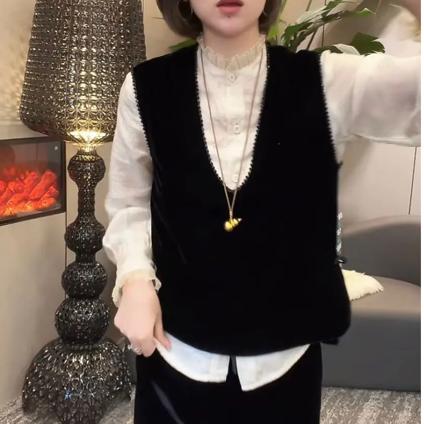 秋季新款丝绒马甲衬衫上衣洋气潮流宽松V领无袖外搭减龄两件套女