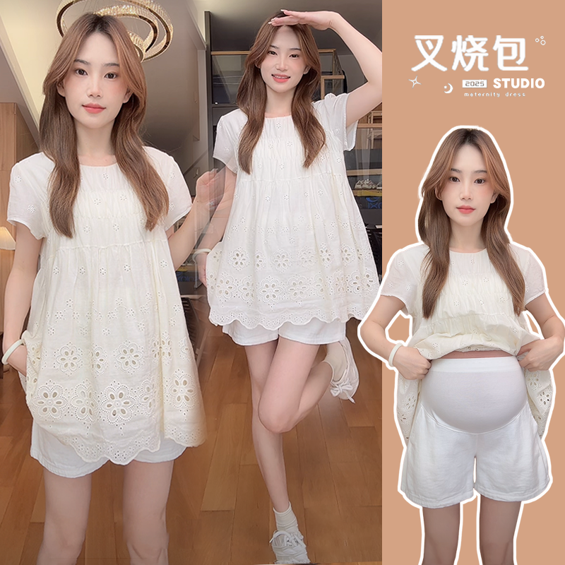 2025年新款孕妇夏装新款小清新减龄娃娃衫上衣+休闲短裤两件套