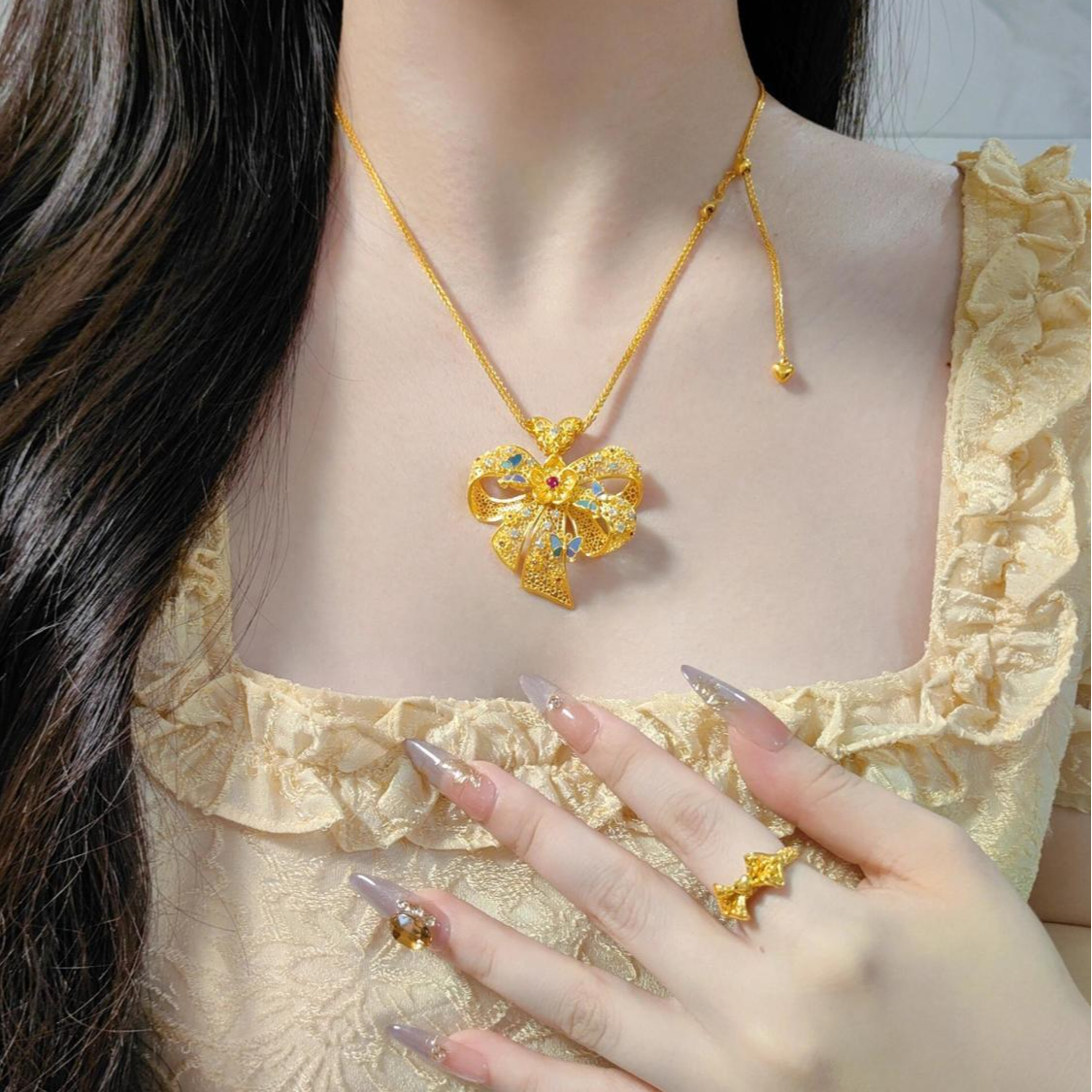 铜合金项链 国潮繁花螺钿蝴蝶结项链女轻奢高级感气质锁骨链百搭