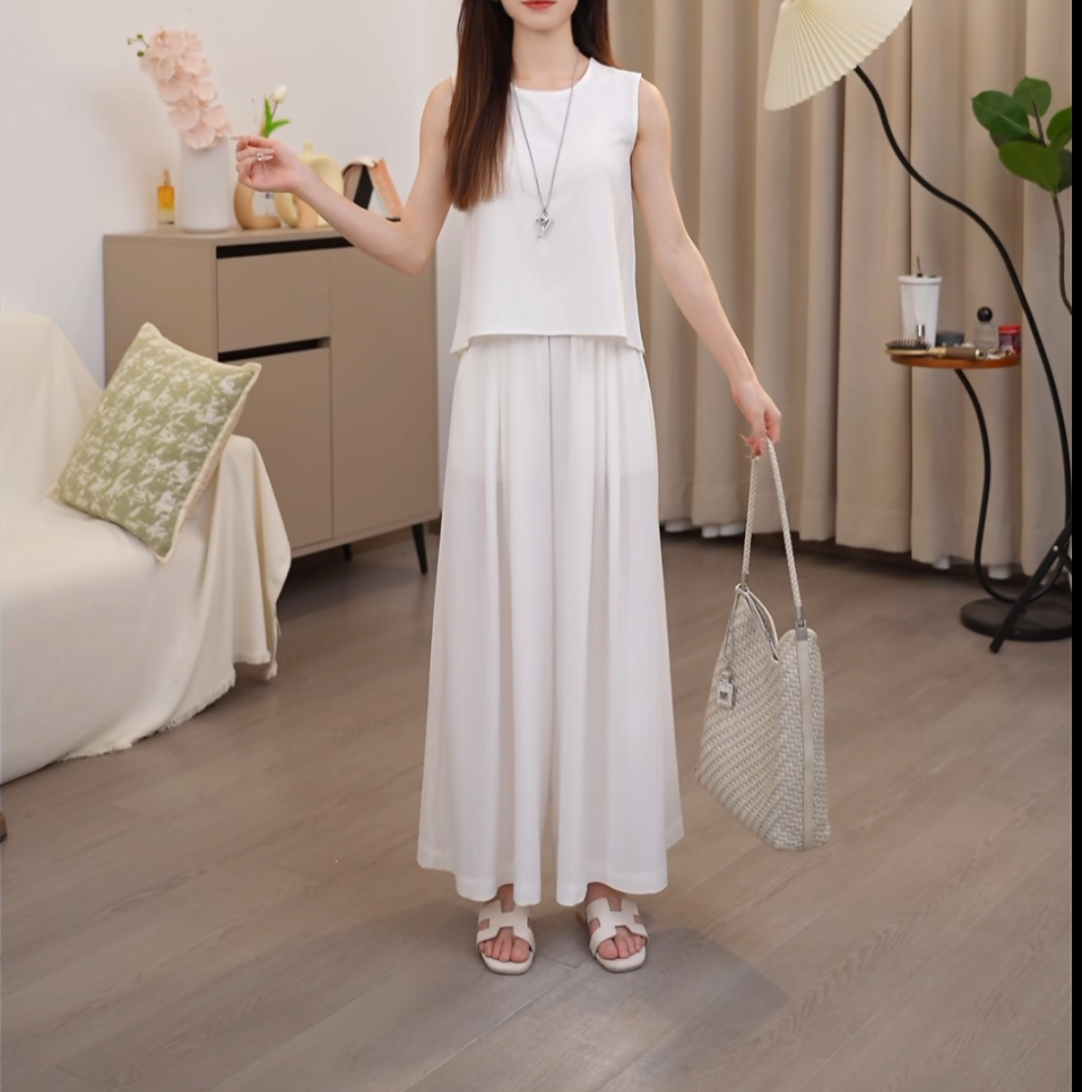 小个子冰凉八九分人棉阔腿裤女早秋薄款高级感中长款宽松裙裤