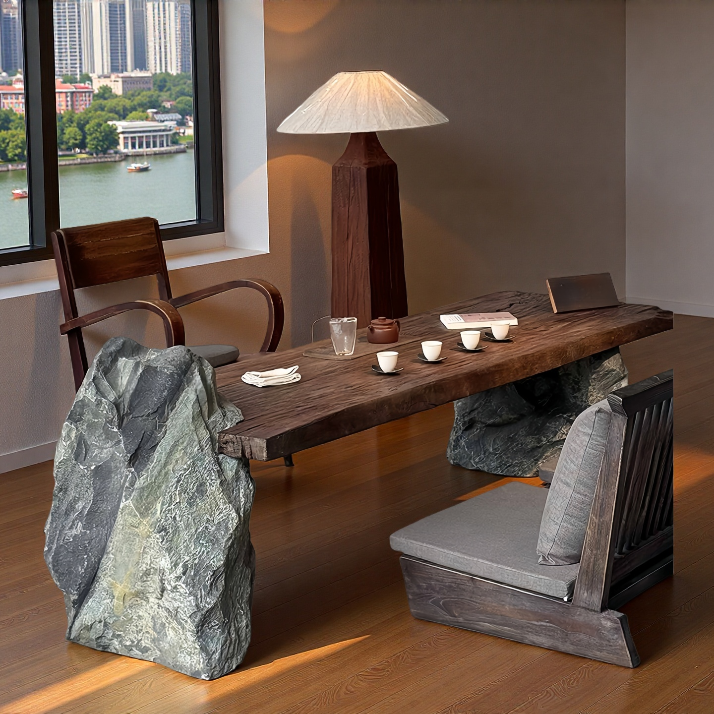 原木大板茶桌茶台风化老木民宿餐桌设计师石头石木茶室泡茶桌