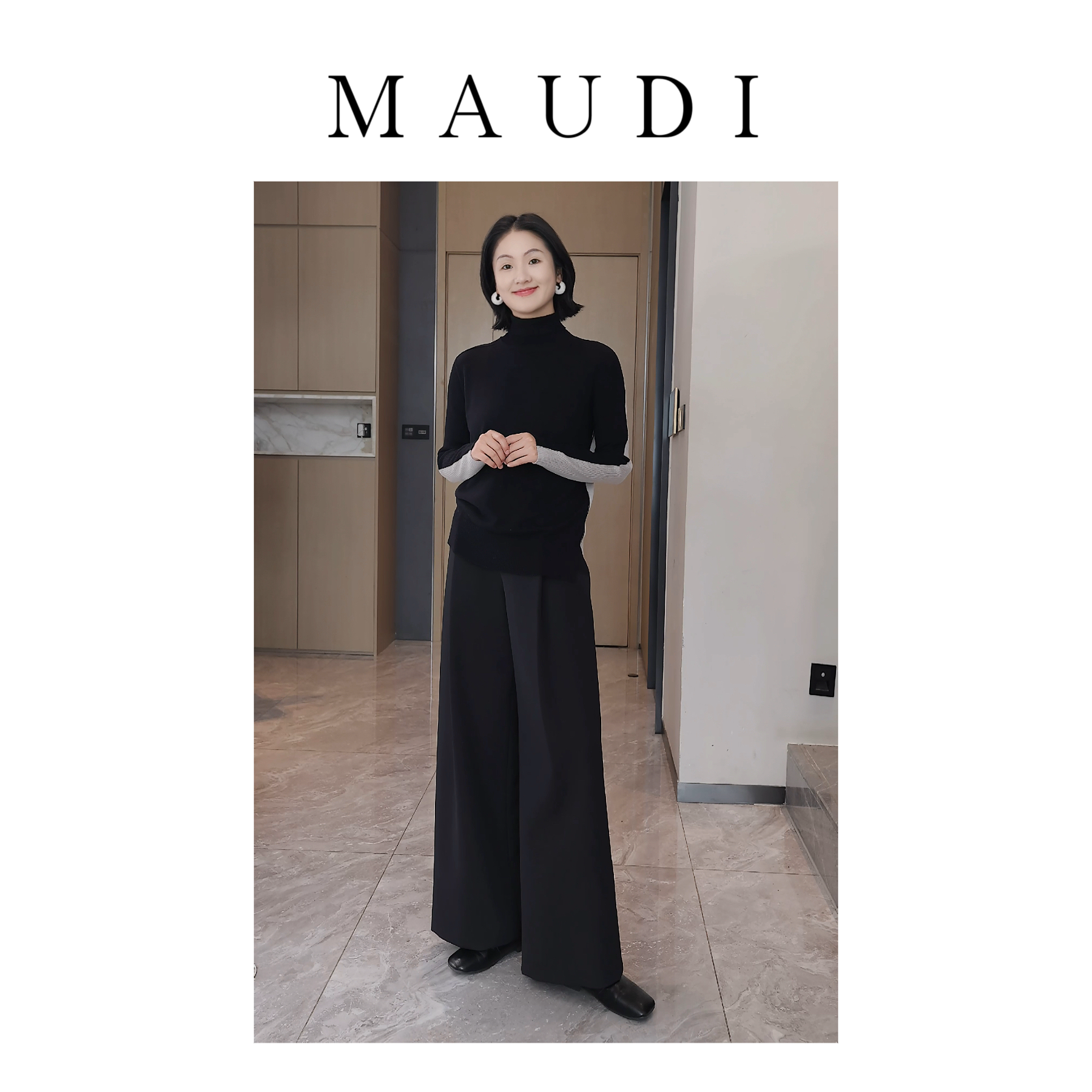 MAUDI暮光叙事上衣女2025秋冬新款拼色高领长袖羊毛针织衫女8232