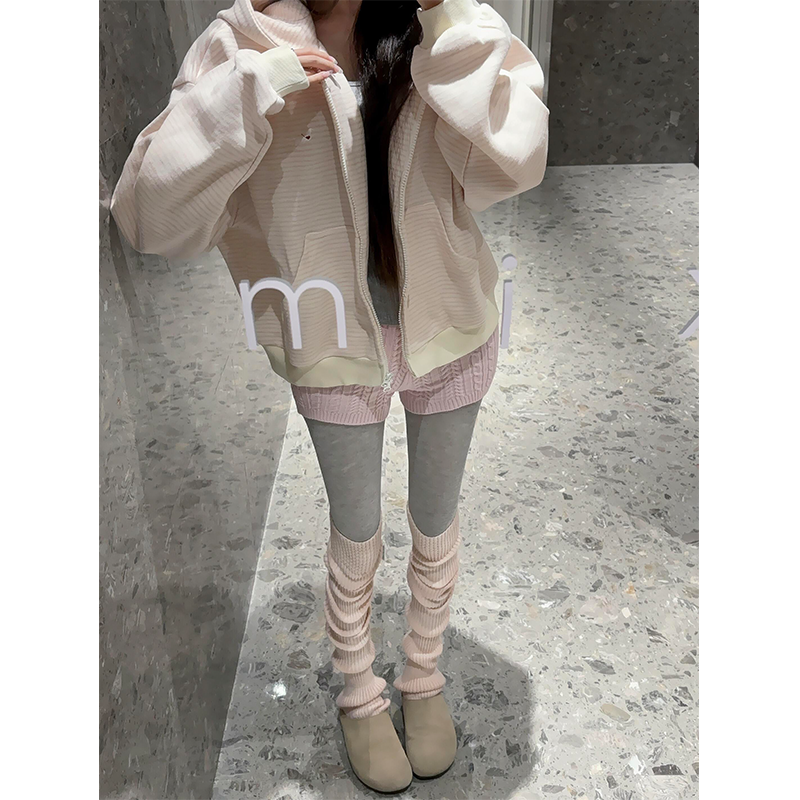 日系粉色条纹腊肠狗绣花拉链短款加厚外套秋冬甜美可爱连帽卫衣女