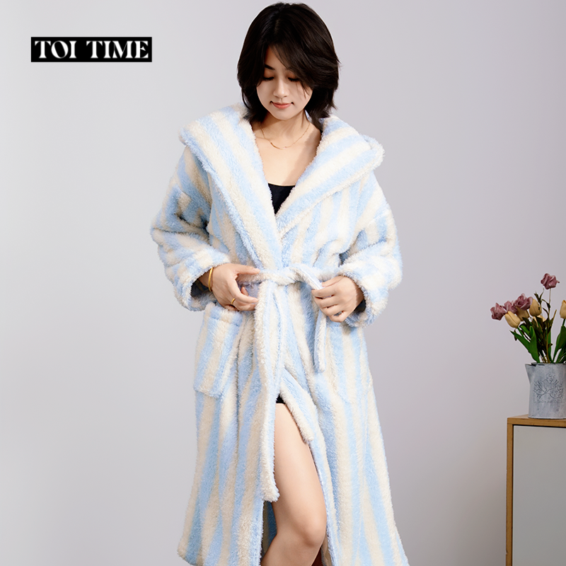 【ToiTime】珊瑚绒条纹成人晨袍睡袍家居服宽松加厚中长款大衣浴袍