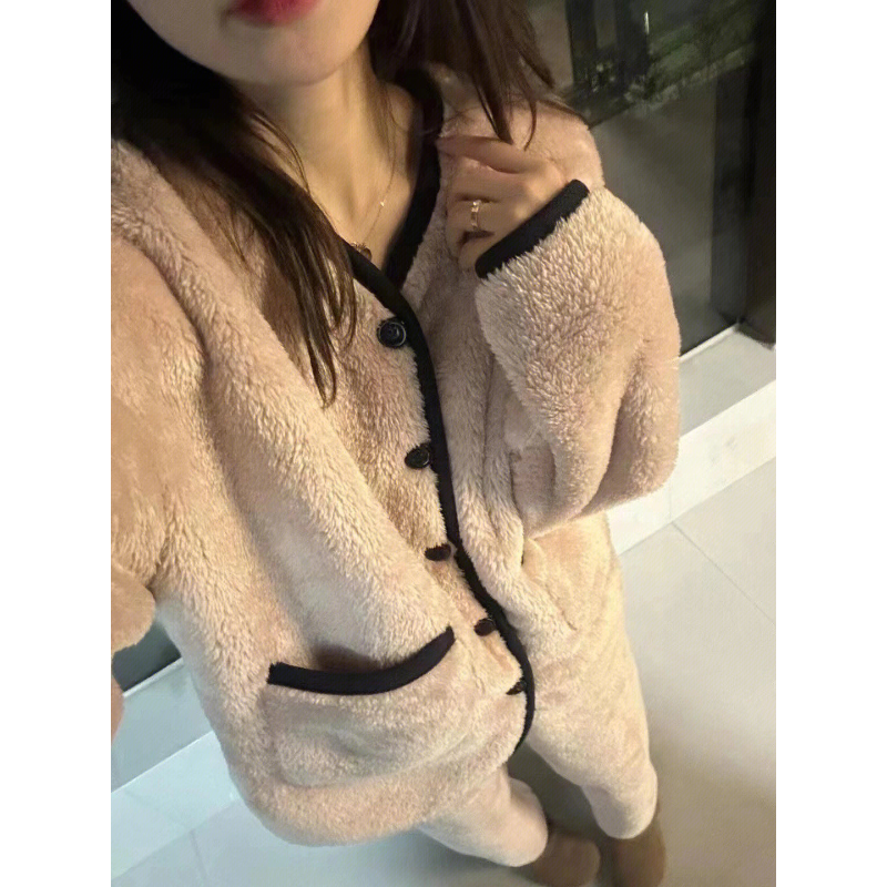 小香风长袖珊瑚绒睡衣女冬款2025年新款加绒加厚法兰绒居家服套装