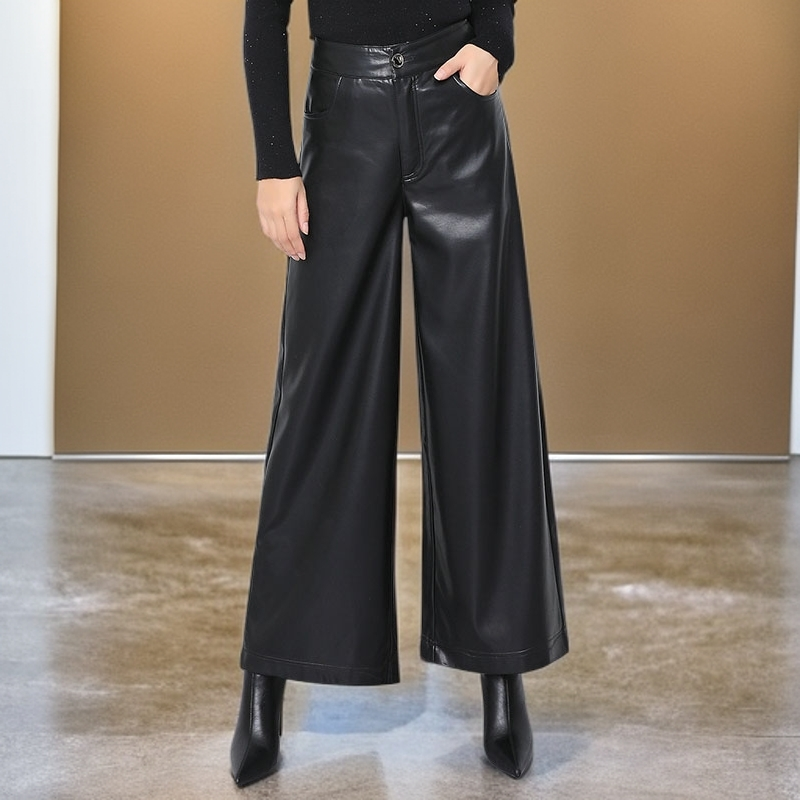 九分裤皮裤女秋冬季新款高腰女士阔腿直筒裤皮裤子气质宽松休闲裤