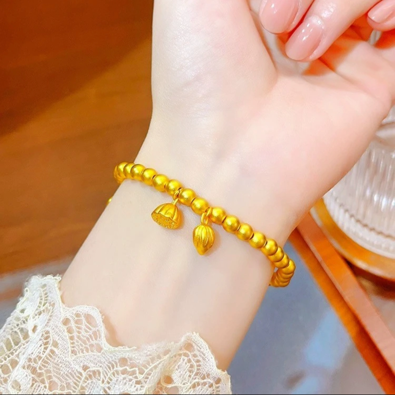 铜合金手链 两世欢时尚百搭莲蓬心转运弹力手串