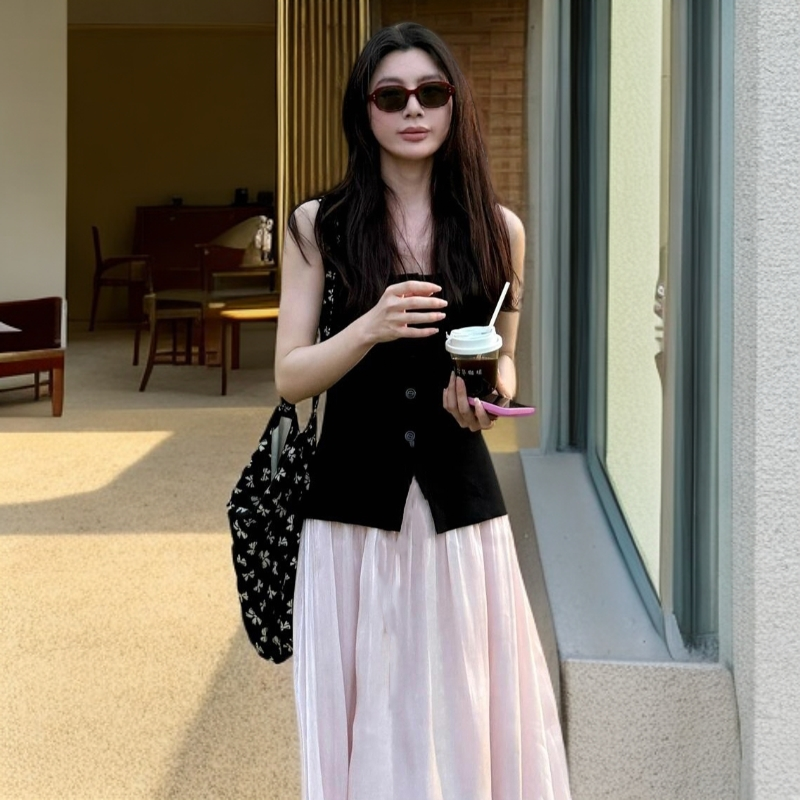 夏季法式休闲风小众轻熟风慵懒风高腰A字裙子背心裙子时尚套装女