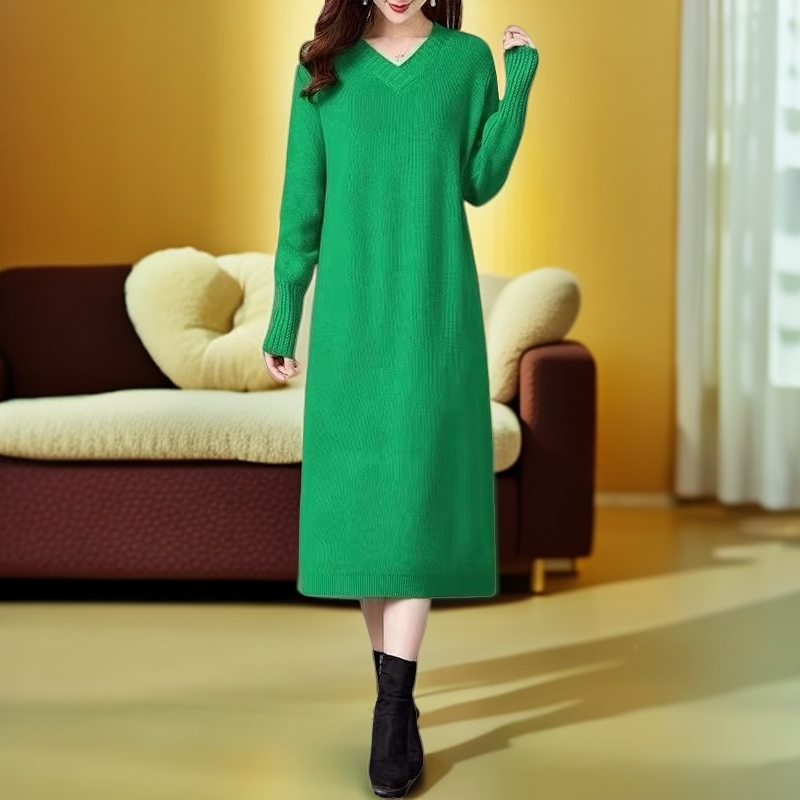 美拉德V领新款厚大码A字裙毛衣宽松连衣裙过膝纯色显瘦打底裙长裙