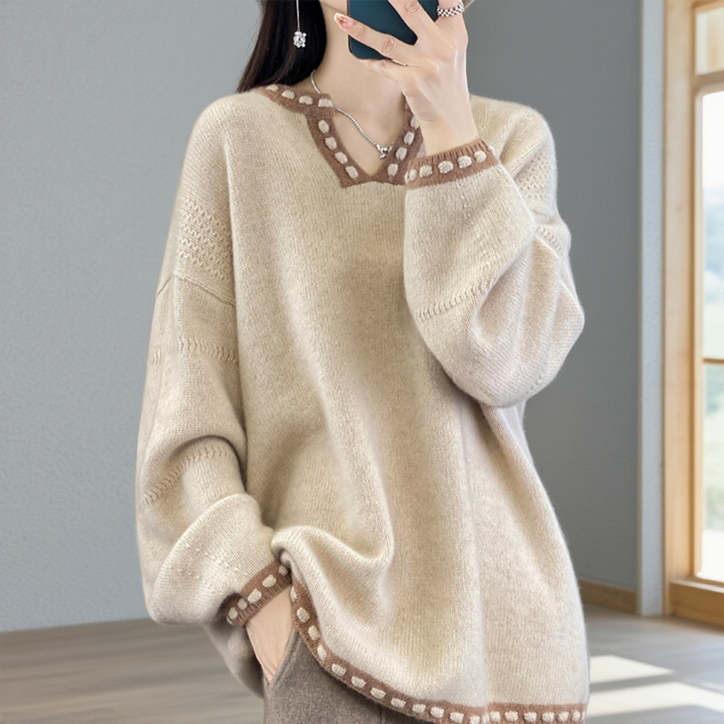 撞色百搭慵懒风针织衫女洋气秋冬新款韩系宽松洋气时尚毛衣打底衫