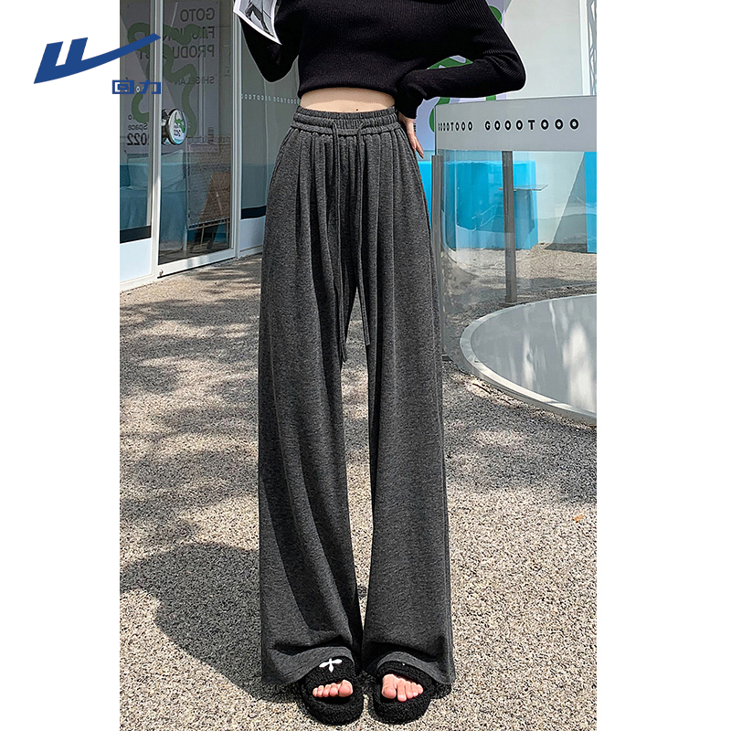 Warrior/回力灰色糯米裤女2025新款垂坠感小个子休闲直筒阔腿裤子