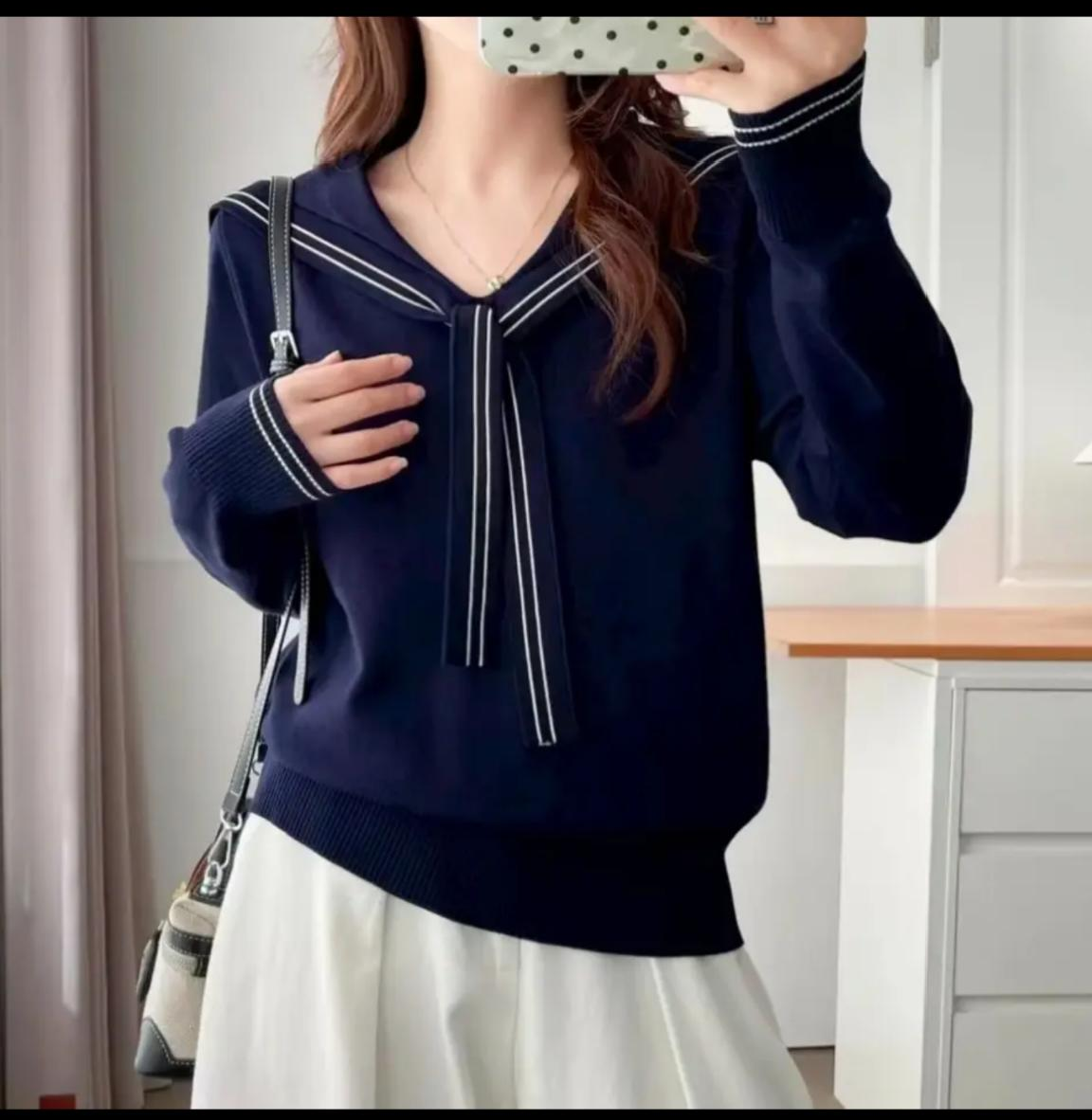 学院风海军领针织衫毛衣女秋冬设计感小众长袖打底衫短款宽松上衣