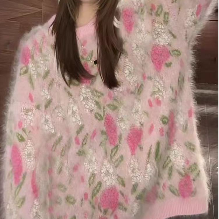 【宁宝】2025秋冬新款羊绒衫针织圆领落肩袖花朵提花女慵懒风加厚