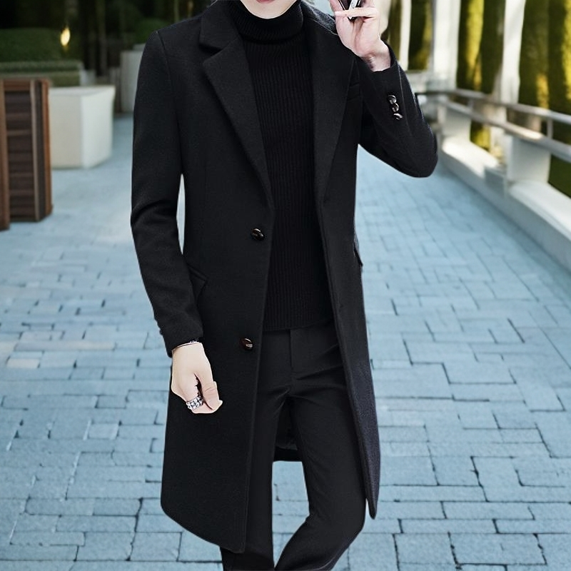 韩版免烫风衣中长款男士秋冬新品夹棉加厚商务英伦风毛呢大衣外套