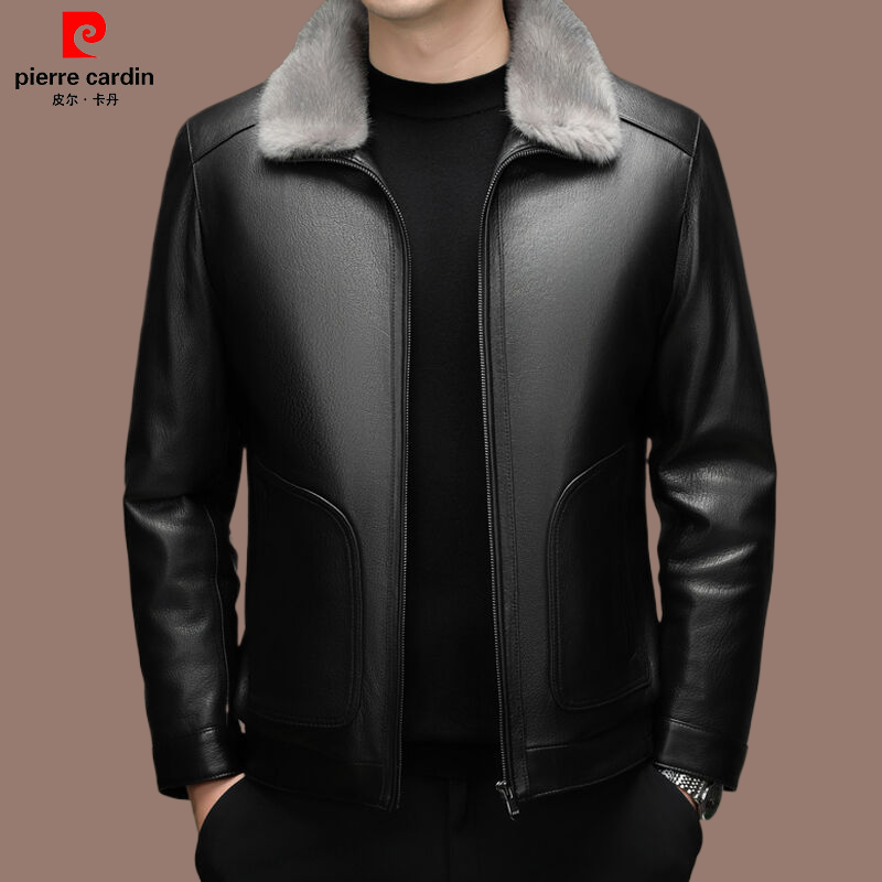 皮尔卡丹山羊皮水貂内胆真皮皮衣可脱卸内胆商务绅士款冬季皮夹克