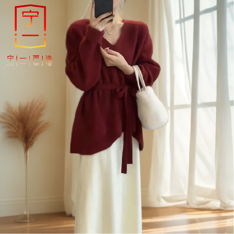 【宁一女装】时尚慵懒风V领毛衣秋冬宽松系带收腰设计感针织衫上衣