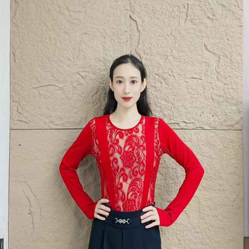 欢舞阁吉特巴摩登气质时尚女士圆领蕾丝交际广场舞舞衣长袖A0795