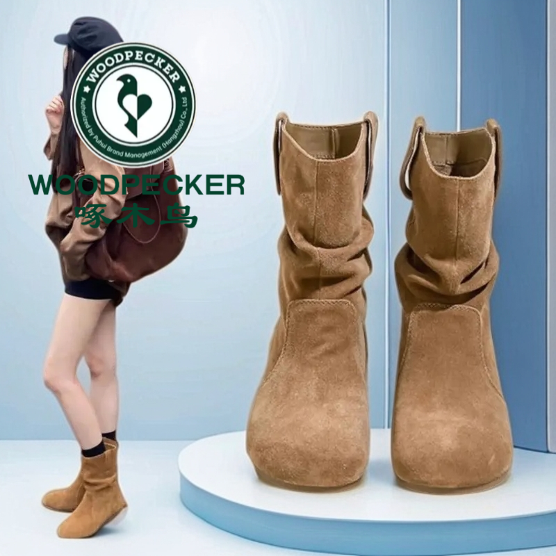 啄木鸟小个子7cm内增高勃肯短靴女复古2025秋气质绒面短靴瘦瘦靴6
